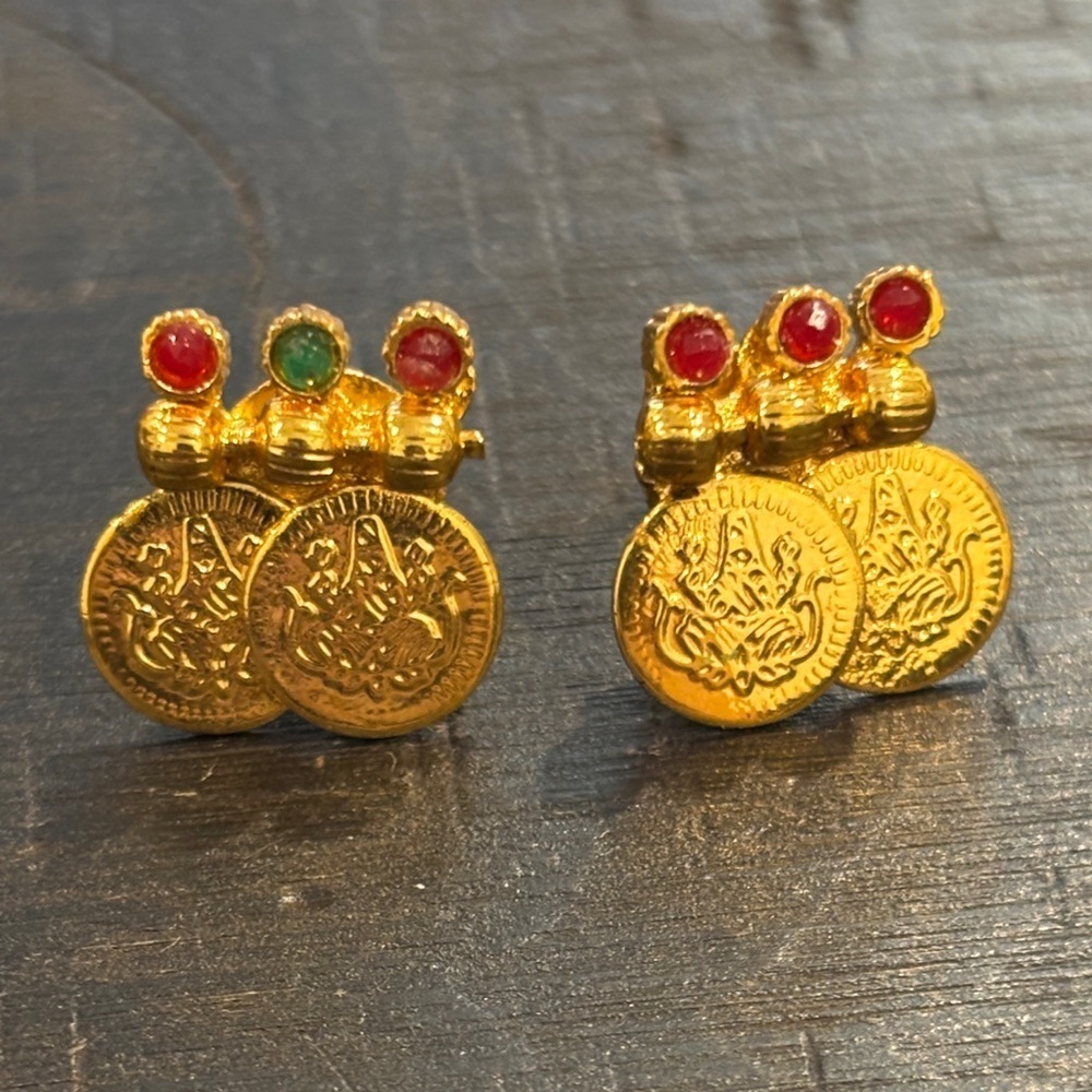 South Indian Bridal Rhinestone Coin Pins Earrings Gold Plated